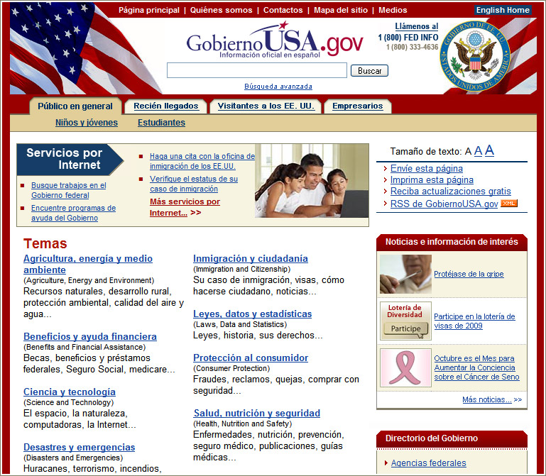 Página principal de GobiernoUSA.gov.