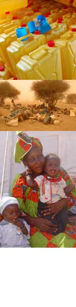 Top: Jerry Cans; Middle: Refugee camp in Chad; Bottom: Refugee mother with babies. [State Dept. Photos]