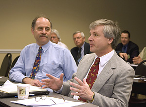 (from left) Scott Schneider, Director for Occupational Safety and Health, Laborers' Health and Safety Fund of North America, listens to comments by John Mroszczyk of the American Society of Safety Engineers during a presentation at OSHA's 2nd Construction Roundtable held January 30 in Washington, DC.