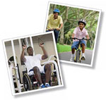 Two images of adolescents and youth participating in strength training and bicycling.