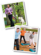 Two images of a woman running with a dog and a class of adults doing step aerobics.
