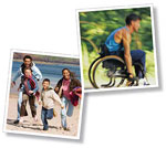 Two images depicting a family running on a beach and a man in a wheelchair racing.