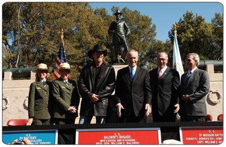 National Park Service Director Mary A. Bomar and John Nau, Chairman of the National Advisory Council on Historic Preservation, joined Secretary Kempthorne in the ceremony at the Vicksburg National Military Park. Country star Trace Adkins, who had an ancestor who served in the 31st Louisiana Volunteer Infantry during the Siege of Vicksburg, also participated in the unveiling ceremony. [Photo by Tami Heilemann, DOI-NBC]