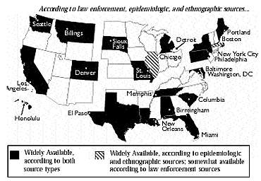 Exhibit 1. A map of the US showing how available marijuana is across the 21 Pulse Check cities* according to law enforcement, epidemiological, and ethnographic sources. Marijuana is widely available according to both source types in Honolulu, Los Angeles, Seattle, Denver, Billings, El Paso, Sioux Falls, St. Louis, Detroit, Memphis, New Orleans, Birmingham, Miami, Columbia, Baltimore, Washington DC, Philadelphia, New York City, and Portland. Marijuana in widely available, according to epidemiological and ethnographic sources and somewhat available according to law enforcement sources in Chicago and Boston.
* The Columbia, SC epidemiological source did not provide this information.