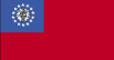 Flag of Burma is red, with a blue rectangle in the upper hoist-side corner bearing 14 white five-pointed stars encircling a cogwheel containing a stalk of rice.