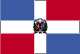 Flag of Dominican Republic is a centered white cross that extends to the edges and  divides the flag into four rectangles - the top ones are blue (hoist side) and red, and the bottom ones are red (hoist side) and blue; a small coat of arms featuring a shield supported by an olive branch (left) and a palm branch (right) is at the center of the cross; above the shield a blue ribbon displays the motto, DIOS, PATRIA, LIBERTAD (God, Fatherland, Liberty), and below the shield, REPUBLICA DOMINICANA appears on a red ribbon.