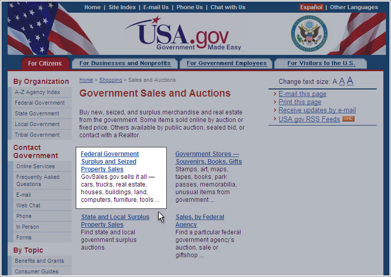 Government Sales and Auctions page highlighting the Federal Government Surplus and Seized Property Sales link