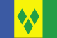 The flag of St. Vincent and the Grenadines is three vertical bands of blue (hoist side), gold (double width), and green; the gold band bears three green diamonds arranged in a V pattern.