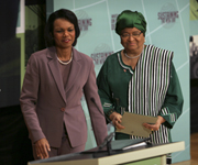 Secretary Rice, left, introduces Liberian President Ellen Johnson Sirleaf at the White House Summit on International Development, Oct. 21, 2008, in Washington. AP Photo