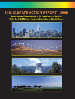 Cover of the 4th CAR report: Photo of cityscape, wind turbines on a hillside, nuclear reactor, and cows grazing on farmland