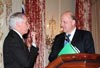 Deputy Secretary of State Negroponte talks with Secretary of Agriculture Ed Schafer at the announcement of the 2008 World Food Prize Laureates on June 13, 2008.