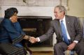 Date: 10/22/2008 Location: Washington, DC Description: President George W. Bush shakes hands with Liberia President Ellen Johnson Sirleaf following their meeting Wednesday, Oct. 22, 2008, in the Oval Office at the White House. © White House Photo by Eric Draper