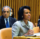 Secretary Rice and U.S. Ambassador to the United Nations Zalmay Khalilzad [left] attend the high-level meeting on Africa’s development needs.  State Department photo by Michael Gross 