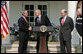 President George W. Bush shakes the hand of Henry Paulson after nominating him Tuesday, May 30, 2006, as Treasury Secretary to replace Secretary John Snow, right, who announced his resignation. White House photo by Shealah Craighead