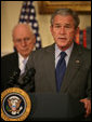 With Vice President Dick Cheney looking on, President George W. Bush delivers a statement in the Roosevelt Room of the White House Friday, Jan. 18, 2007, regarding the economy of the United States. White House photo by Joyce N. Boghosian