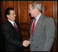 President George W. Bush greets China’s President Hu Jintao Thursday, Sept. 6, 2007, as the two leaders met in Sydney, where they will join fellow APEC leaders Friday for the 2007 summit. White House photo by Eric Draper