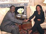 Kenyan PM Raila Odinga and Secretary Rice shake hands prior to their meeting at State Department on June 18, 2008.  State Dept. photo.