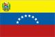 Flag of Venezuela: 3 equal horizontal bands of yellow ,top,, blue, and red with the coat of arms on the hoist side of the yellow band and an arc of 8 white 5-pointed stars centered in the blue band