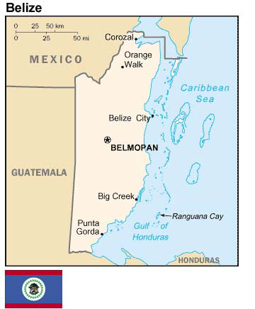 Map and flag of Belize.