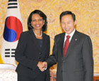 Secretary Rice shakes hand with South Korean President Lee Myung-Bak before their meeting at Blue House in Seoul, Saturday, June 28, 2008. [©AP Image]