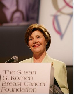 Mrs. Laura Bush addresses an audience at the Susan G. Komen Breast Cancer Foundation’s 2006 Mission Conference in Washington, DC. Mrs. Bush announced the U.S.-Middle East Partnership for Breast Cancer Awareness and Research which allows governments, hospitals, researchers, and survivors to work with each other to help defeat breast cancer.The partnership will include the U.S. State Department, the Susan G. Komen Foundation, MD Anderson Cancer Center, The John Hopkins University and both the United Arab Emirates and the Kingdom of Saudi Arabia. White House photo by Shealah Craighead