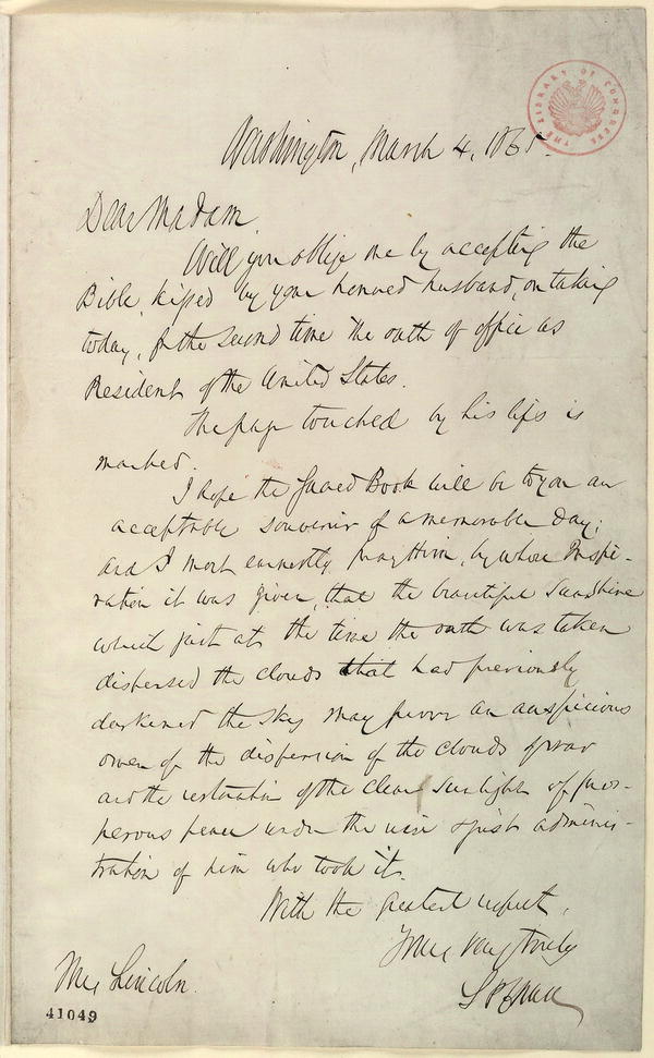 Image 1 of 2, Letter from Chief Justice Salmon P. Chase to Mrs. 