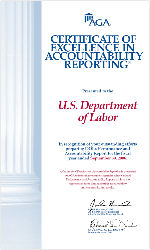 AGA Certificate of Excellence in Accountability Reporting cover