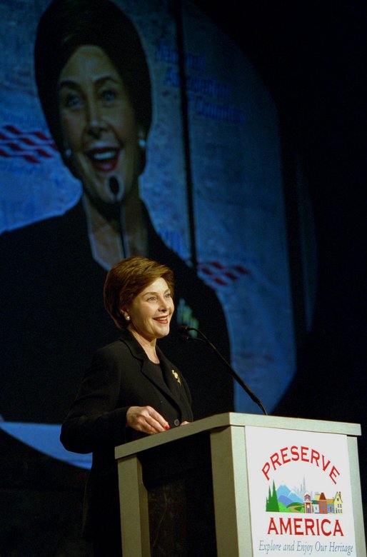 Laura Bush addresses the National Association of Counties Conference in Washington, D.C. Monday, March 3, 2003. Mrs. Bush announced Preserve America, an initiative which highlights the Administration's support of the preservation and enjoyment of the nation's historic places. White House photo by Susan Sterner