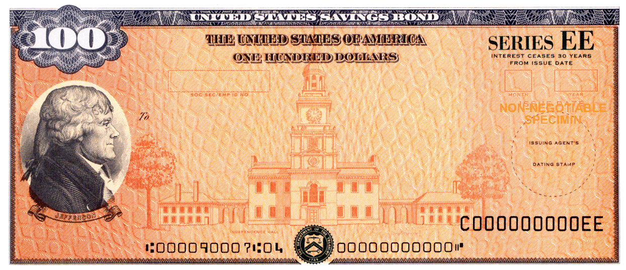image of the EE $100 bond - embossed with Thomas Jefferson