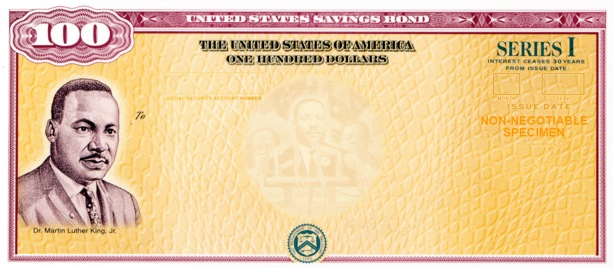 image of the I $100 bond - embossed with Martin Luther King