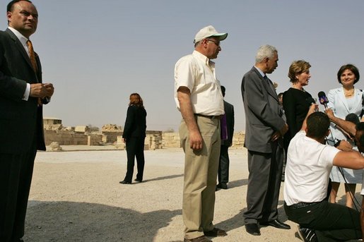 Laura Bush addresses the press during her tour of Hisham’s Palace in Jericho, Sunday, May 22, 2005. Mrs. Bush toured the eighth century Islamic palace and viewed mosaic restoration projects during her visit. White House photo by Krisanne Johnson