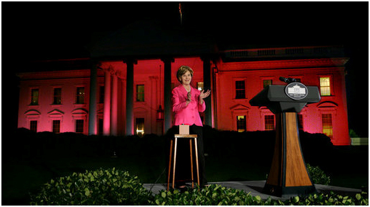 First Lady Laura Bush stands outside of the White House during a breast cancer awareness ceremony, Oct. 7, 2008. White House photo by Chris Greenberg