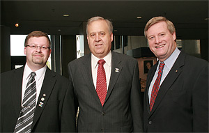 (From left to right) Andrew Cooper, Secretary, Canadian Society of Safety Engineers; Donald S. Jones, Sr., President, ASSE; and Edwin G. Foulke, Jr., Assistant Secretary, OSHA, delivered presentations at the 2007 North American Occupational Safety and Health Week Kick-off event on May 7, 2007 at the Department of labor in Washington, D.C.