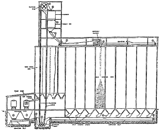 Figure 2 - Diagrammatic section view of a terminal type grain elevator. Circled numbers indicate points at which dust clouds are likely to be emitted.