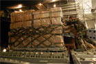 Crewmembers of C-17 Globemaster aircraft unload a pallet of humanitarian supplies in Tblisi, Georgia, Aug. 13, 2008. Dept. of Defense photo by Navy Lt. Cmdr Corey Barker.