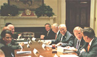 President Bush at a meeting in the Roosevelt Room