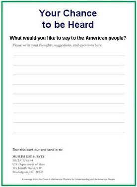 Form reads: your chance to be heard; What would  you like to tell the American People? please write your thoughts, suggestions, and questions here ,space below,