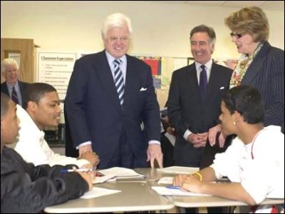 Secretary Spellings, Senator Kennedy, and Congressman Neal talk with students and their English teacher at the Springfield High School of Science and Technology in Springfield, Massachusetts. During the visit, Secretary Spellings announced that Springfield Public Schools and Chicopee Public Schools will receive a $16.6 million Striving Readers grant over five years to improve the literacy skills of struggling adolescent readers.