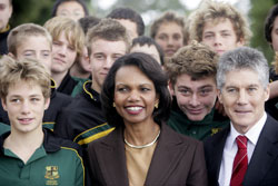 Secretary Rice and Australian Foreign Minister Stephen Smith pictured with students from Wesley College during a visit to Kings Park State War Memorial in Perth, Australia, Friday, July 25, 2008. [©AP Image]