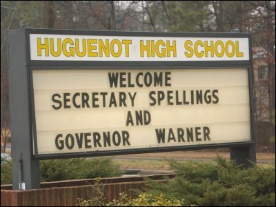 Huguenot High School welcomes Secretary Spellings and Governor Warner.