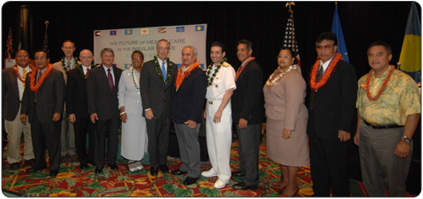 Secretary of the Interior Dirk Kempthorne joins federal and island leaders for a group picture at the Insular Areas Health Summit.  From left, Northern Mariana Islands Health Secretary Timothy P. Villagomez; Marshall Islands President Litokwa Tomeing; Under Secretary of Defense for Personnel and Readiness David S.C. Chu; Secretary of Veterans Affairs James B. Peake; Republic of Palau Vice President Elias Chin; USVI Delegate to Congress Donna M. Christensen; Secretary Kempthorne; American Samoa Gov. Togiola Tulafono; Health and Human Services Assistant Secretary of Health Dr. Joxel Garcia; Hawaii Lt. Gov. James Aiona; U.S. Virgin Islands Health Commissioner Vivian Ebbesen Fludd; Federated States of Micronesia President Manny Mori; and Guam Gov. Felix Camacho.  [Photo by Tami Heilemann, DOI]