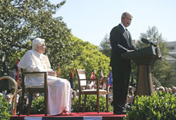 President George W. Bush delivers remarks Wednesday, April 16, 2008, during the arrival ceremony for Pope Benedict XVI. [Photo: WH/David Bohrer]