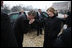 Mrs. Laura Bush is welcomed to Kyiv's Presidential Secretariat by Ukraine's President Viktor Yushchenko upon the arrival Tuesday, April 1, 2008, of she and President George W. Bush for the official ceremony welcoming them to the country.