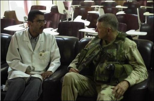 Maj. Gen. Blunt, Commanding General of the 3rd Infantry Division (3ID) from Fort Stewart Ga., talked with the doctors of Baghdad University Hospital about the conditions of the hospital, April 15, 2003. The 3ID is deployed in support of Operation Iraqi Freedom. 