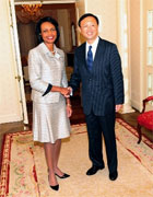 Secretary Rice meets with Yang Jiechi, Minister of Foreign Affairs of the Peoples Republic of China at the Waldorf Astoria. State Dept. photo/Michael Gross. 