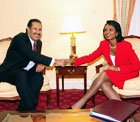 Secretary Rice holds bilateral with His Excellency Sheikh Hamad bin Jassim bin Jabir Al Thani, Prime Minister and Foreign Minister of the State of Qatar at the Waldorf.