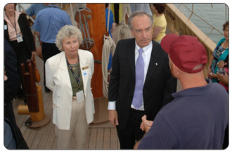 Secretary Dirk Kempthorne and National Park Service Director Fran Mainella on Godspeed Sail at the Jamestown's 400th Commemoration Commission this past June. 