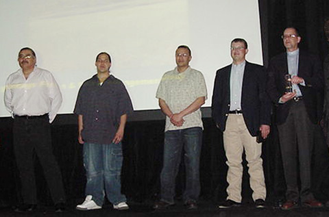 Members of the BIA Winnebago Agency Fire and Fuels Management Group.  Pictured from left to right are Anthony Aungie(Yankton Sioux), Daniel Thomas(Santee Sioux Nation), William Payer Sr.(Winnebago Tribe of Nebraska), Jason McCauley(Omaha Tribe of Nebraska) and Andrew S. Baker.  The group was recognized for their work in reducing hazardous fuels and enhancing native grasslands on the Santee Sioux reservation in Nebraska.