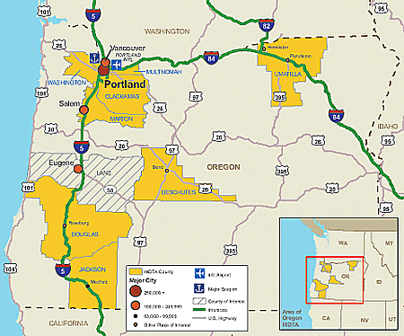 Map showing the Oregon High Intensity Drug Trafficking Area and its transportation infrastructure.