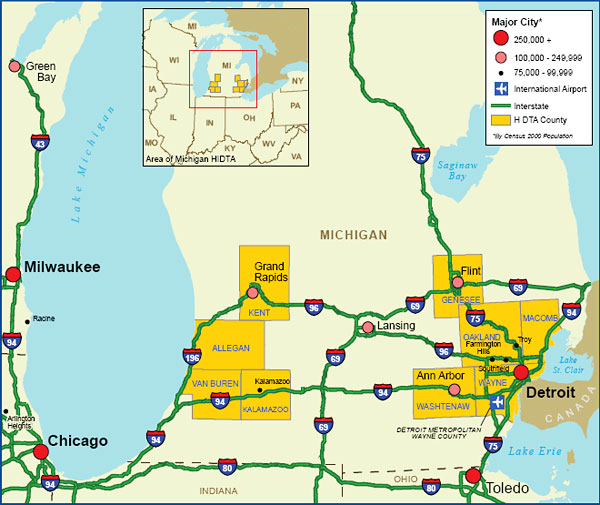 Map showing the Michigan High Intensity Drug Trafficking Area.